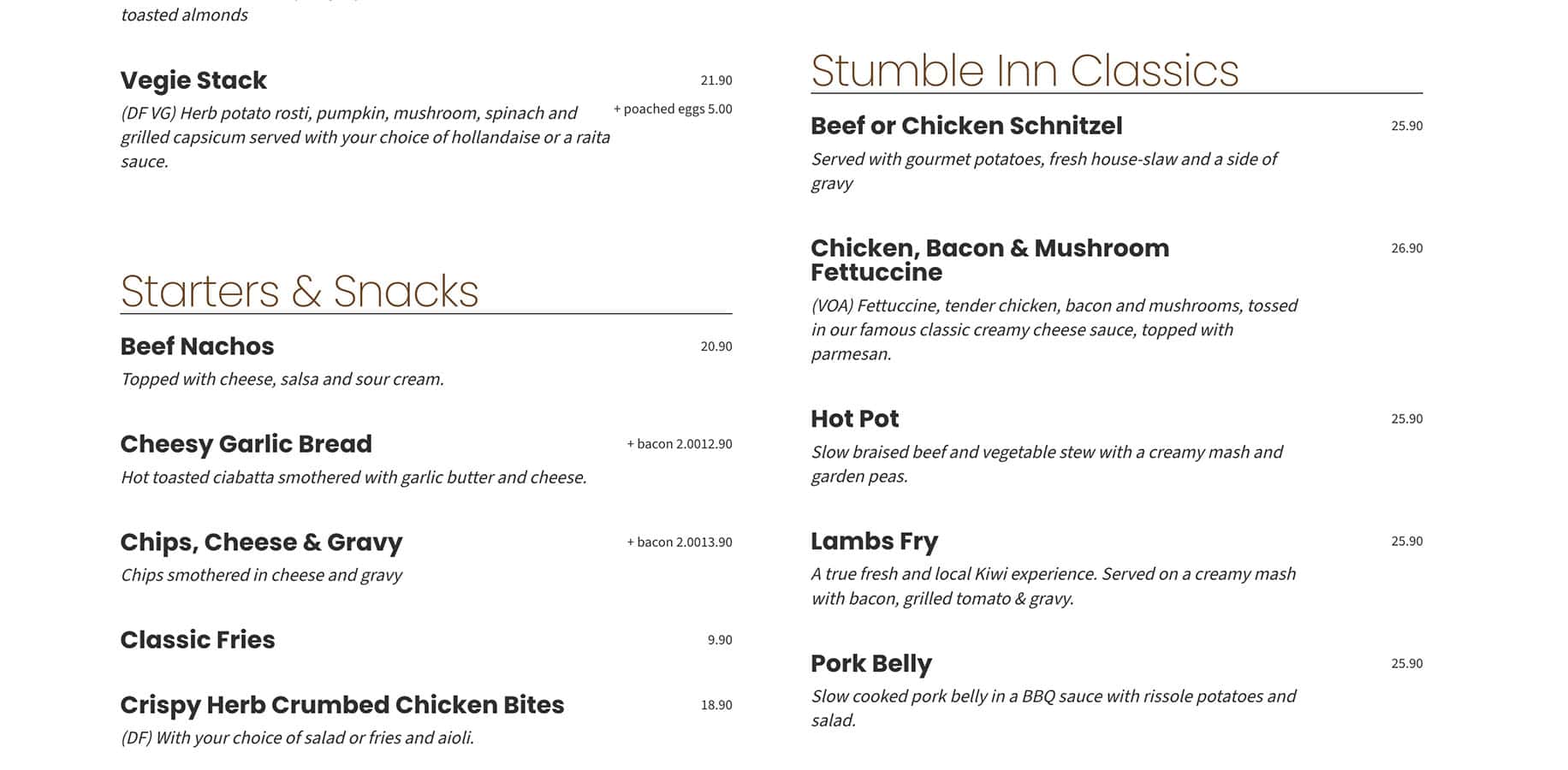 Stumble Inn menu list